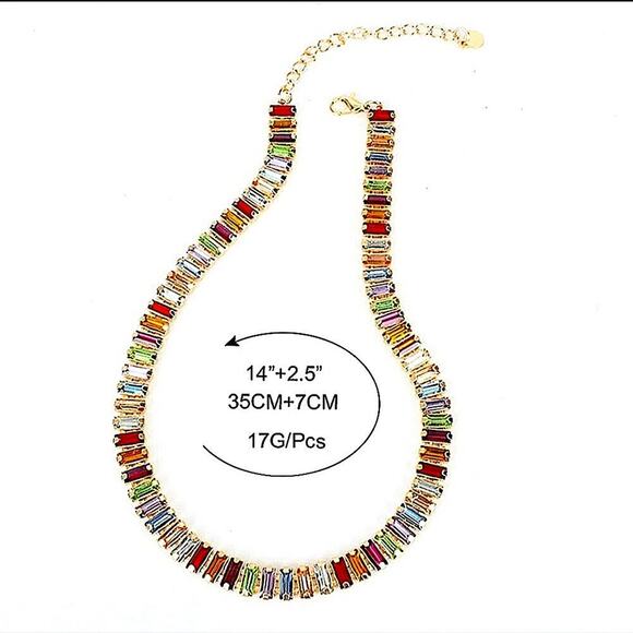 Gold Baguette Multicolor Rhinestone Choker Earrings Bracelet Matching Set 18k - Picture 12 of 12